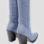 Light blue knee-high heeled boots with stacked heel and contoured ankle