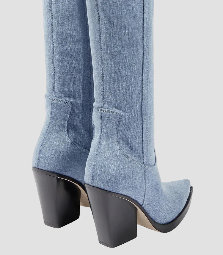 Light blue knee-high heeled boots with stacked heel and contoured ankle