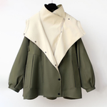 Light cream and olive two-tone parka jacket with snap front and wide collar