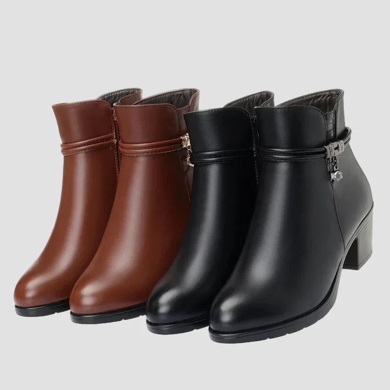 Frederica elegant winter ankle boots, brown and black, side zippers, block heels