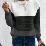 Color-block knit sweater, crew neck, long sleeves; white top with charcoal and gray panels.