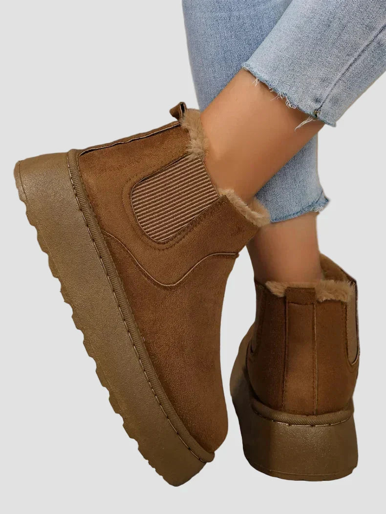 Brown suede ankle boots with elastic side goring and faux-fur trim around cuff