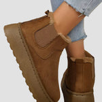 Brown suede ankle boots with elastic side goring and faux-fur trim around cuff