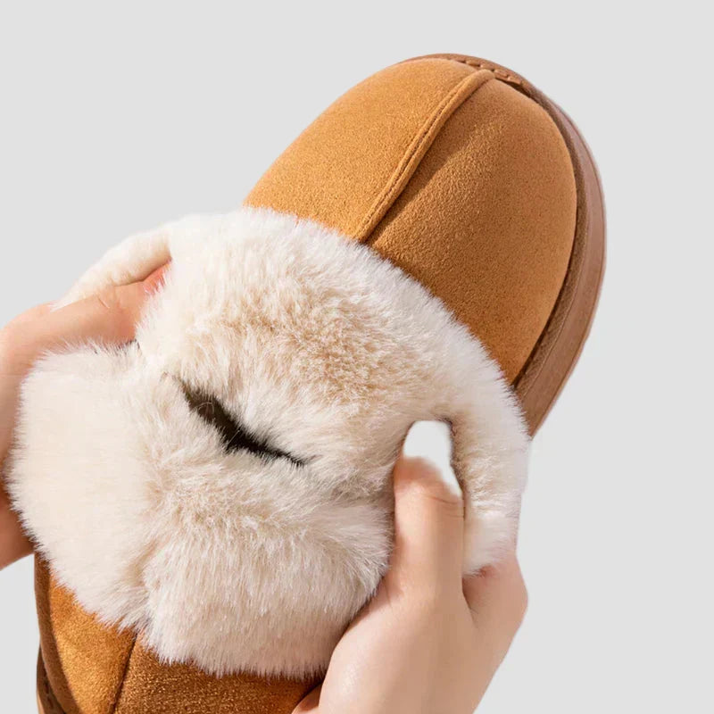 Georgia suede home slippers in tan with white faux-fur strap, shown close-up