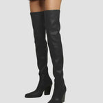 Black knee-high heeled boots with sleek leather-look finish and block heel