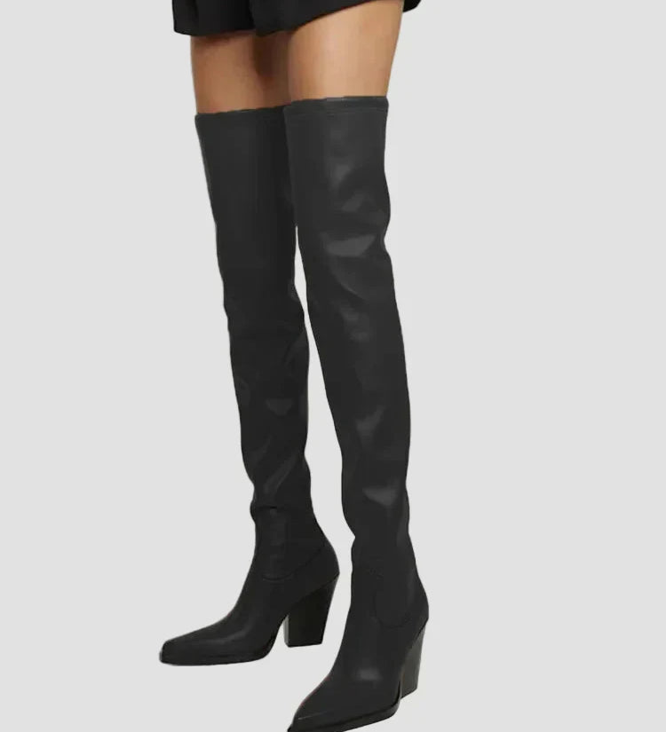 Black knee-high heeled boots with sleek leather-look finish and block heel