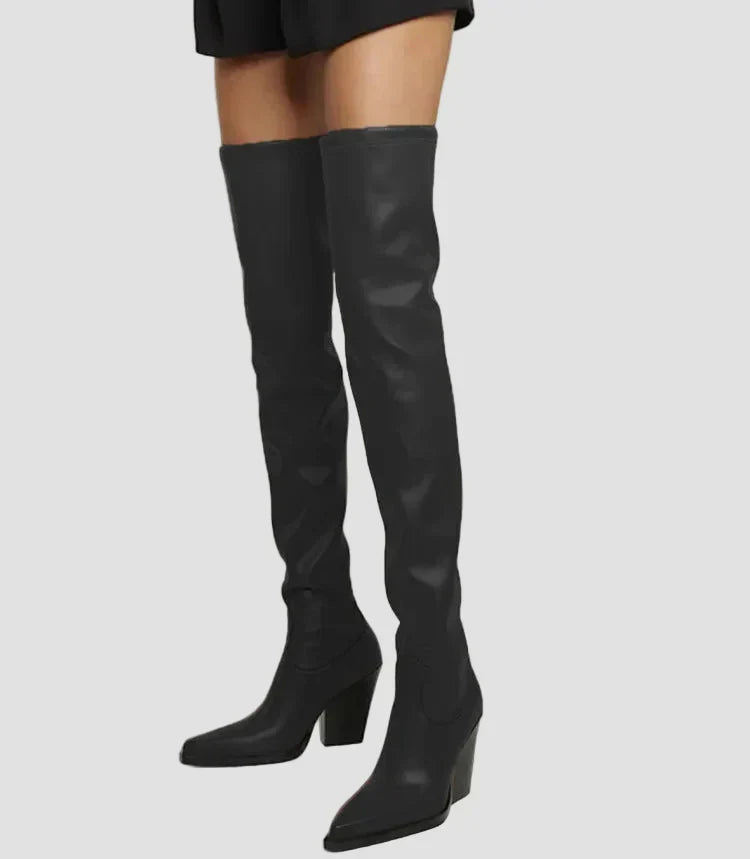 Black knee-high heeled boots with sleek leather-look finish and block heel