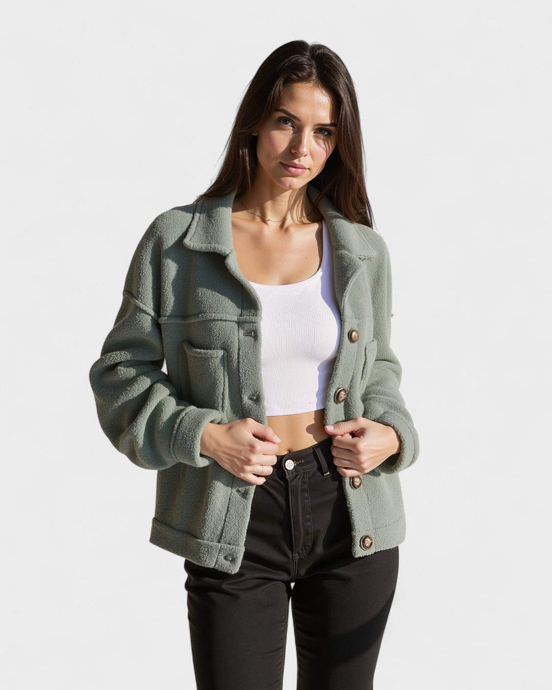 Olive green fleece jacket with button closure, flap chest pockets, long sleeves