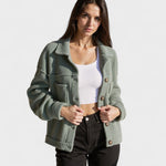 Olive green fleece jacket with button closure, flap chest pockets, long sleeves