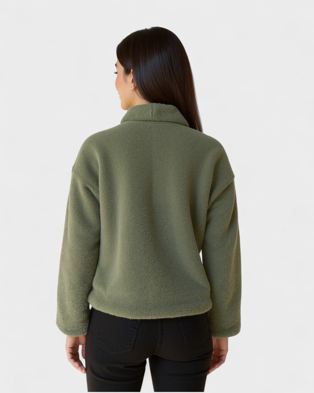 Olive green fleece jacket back view with full sleeves and button detail at shoulders
