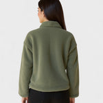 Olive green fleece jacket back view with full sleeves and button detail at shoulders
