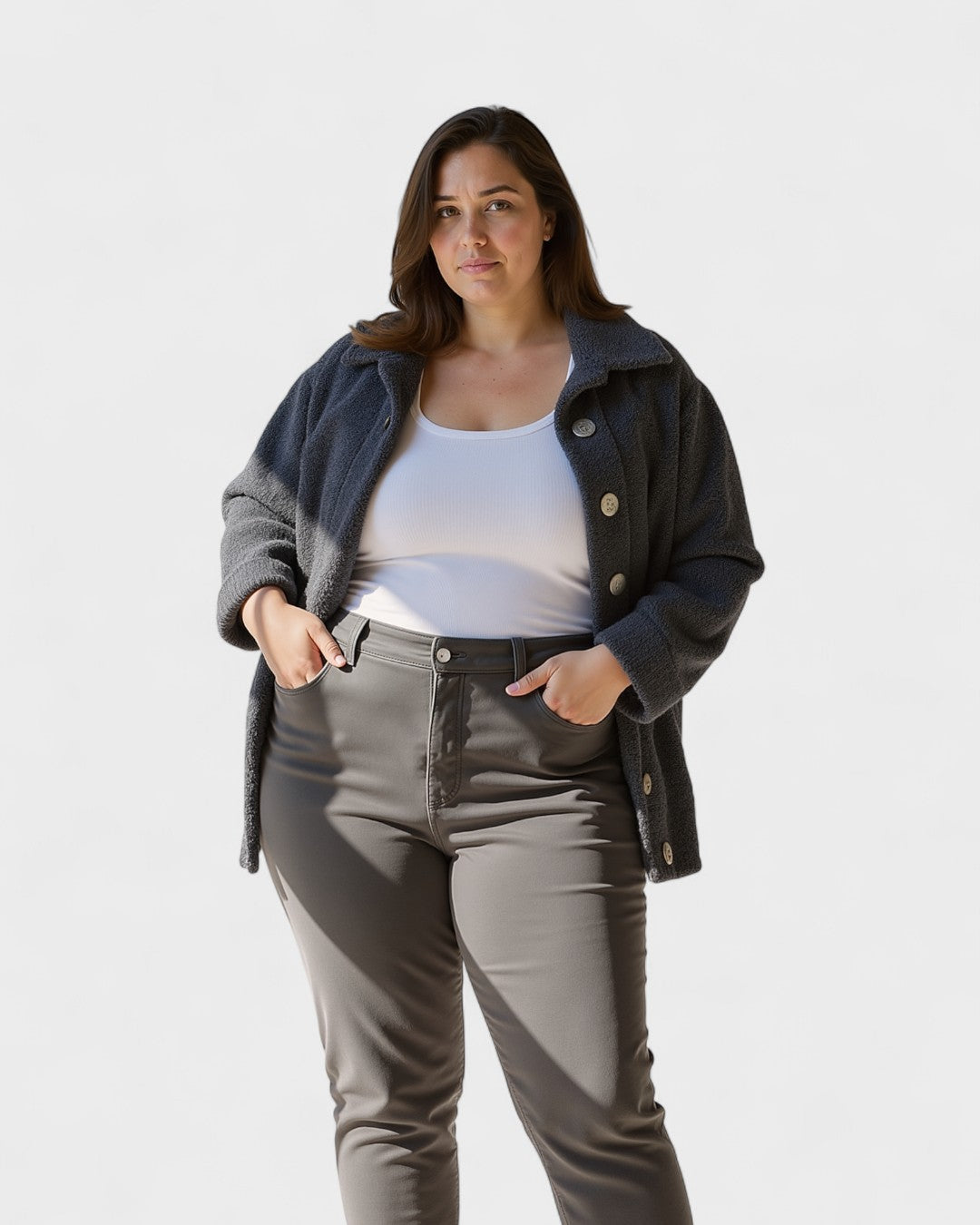 Navy-blue fleece jacket with button-front closure and flap chest pockets, long sleeves