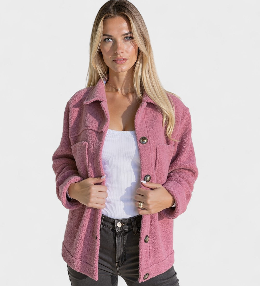 Rose/pink fleece jacket with button closure and two chest pockets, long sleeves