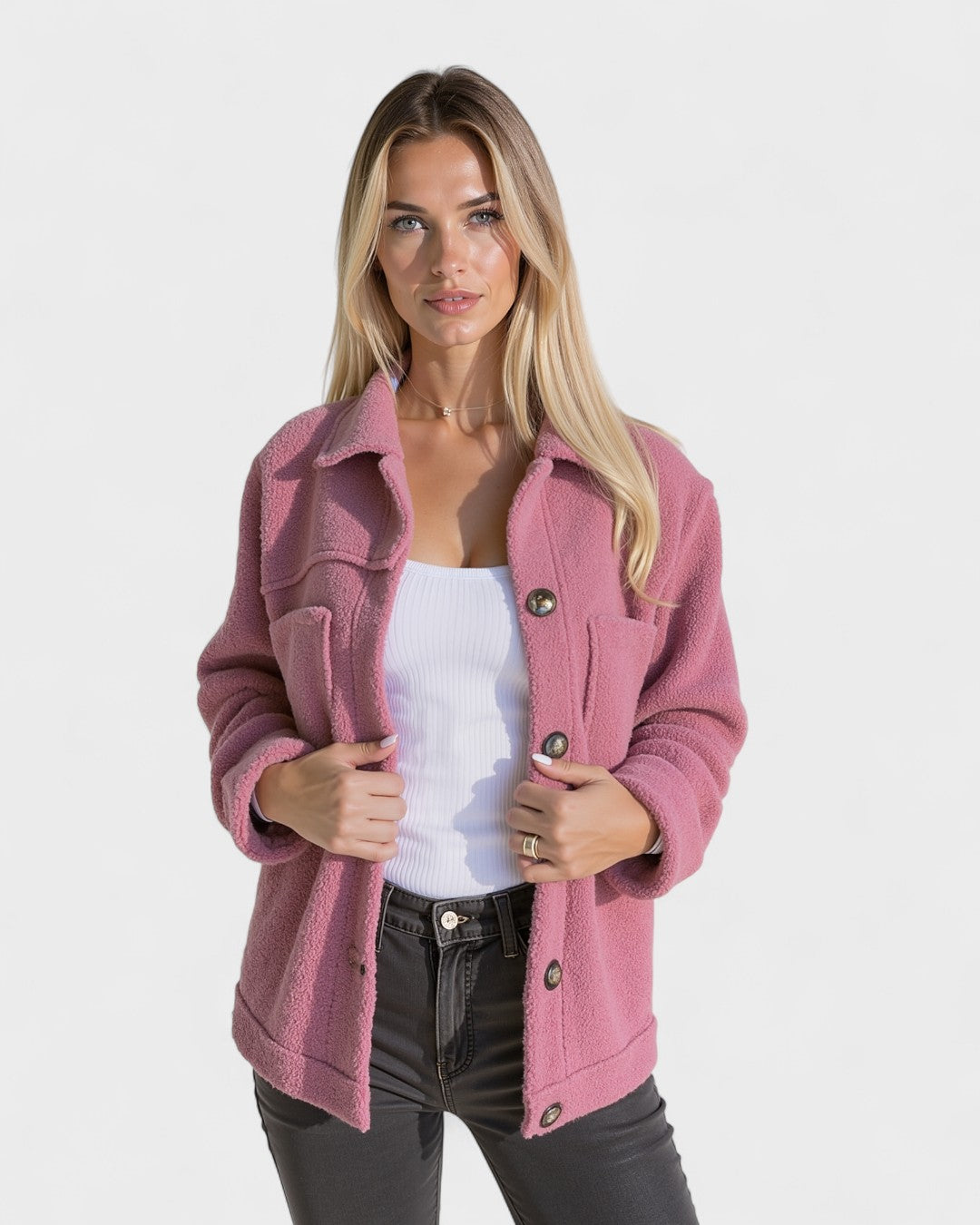 Rose/pink fleece jacket with button closure and two chest pockets, long sleeves
