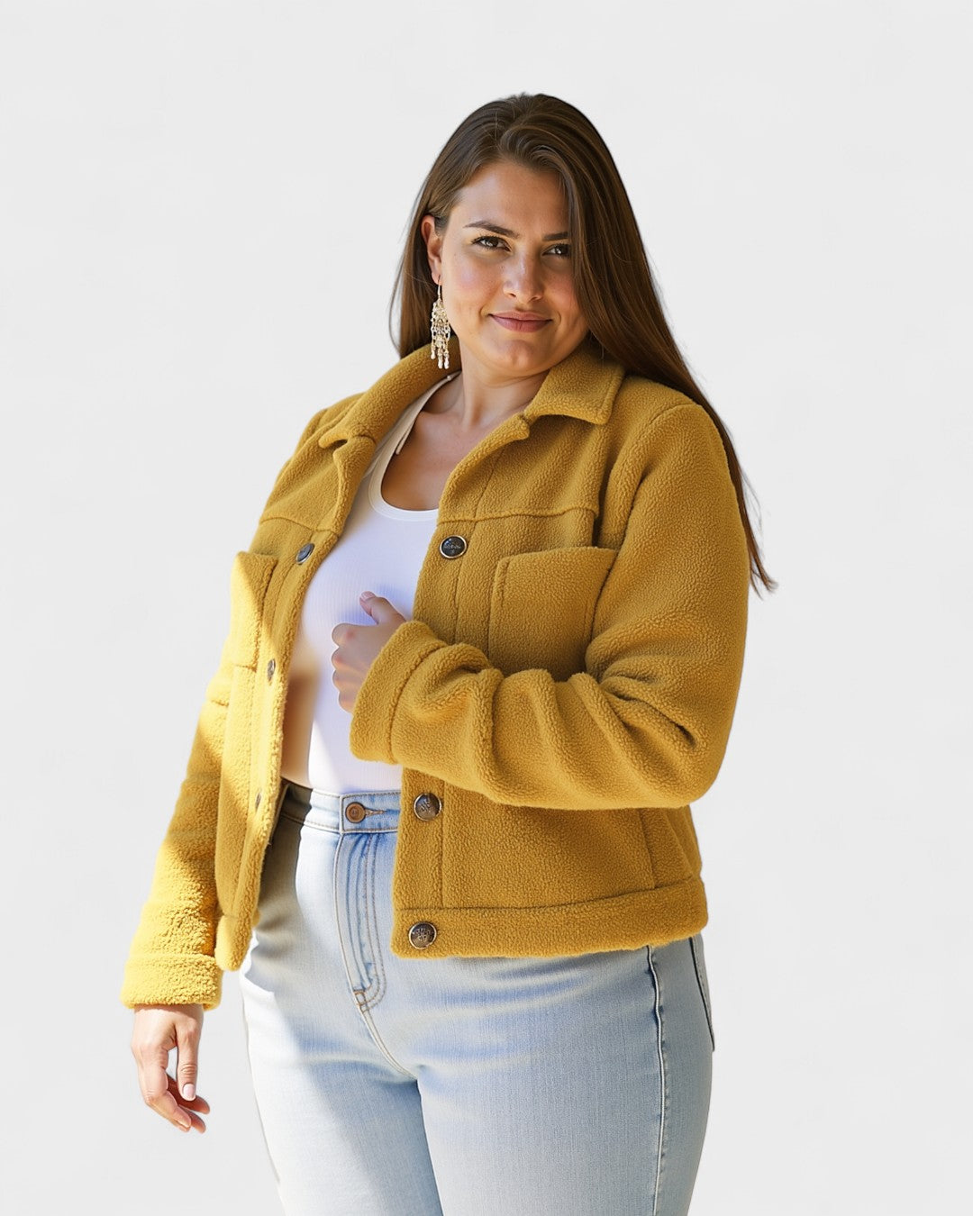 Yellow button-front fleece jacket with flap chest pockets and long sleeves