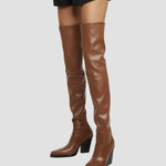 Brown knee-high heeled boots with leather-look finish and pointed toe