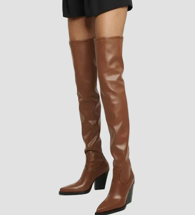 Brown knee-high heeled boots with leather-look finish and pointed toe
