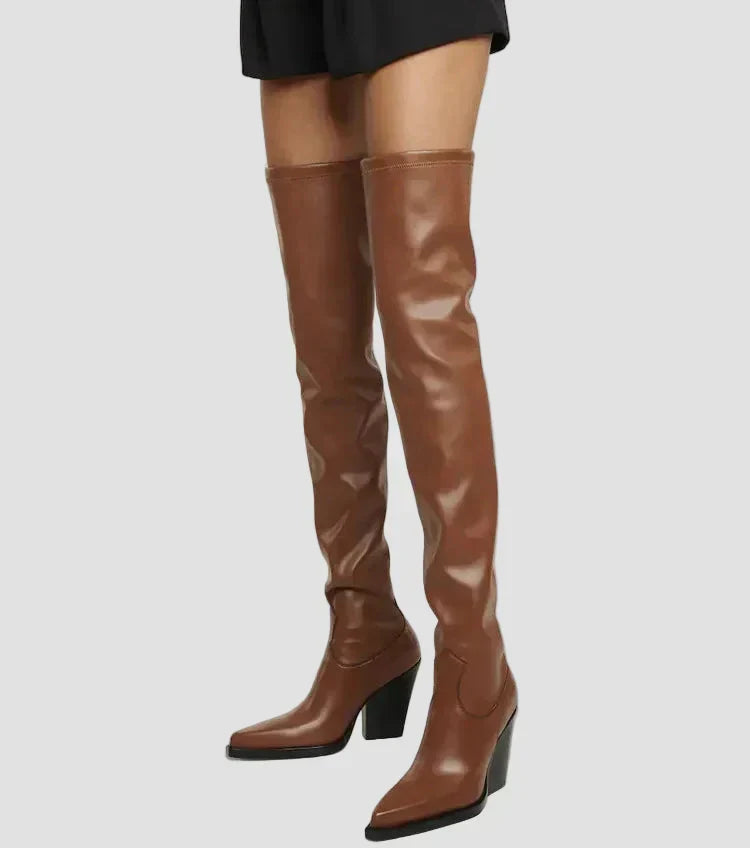 Brown knee-high heeled boots with leather-look finish and pointed toe