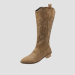 Beige suede cowboy western boots with stitched star pattern, pull-on, low block heel