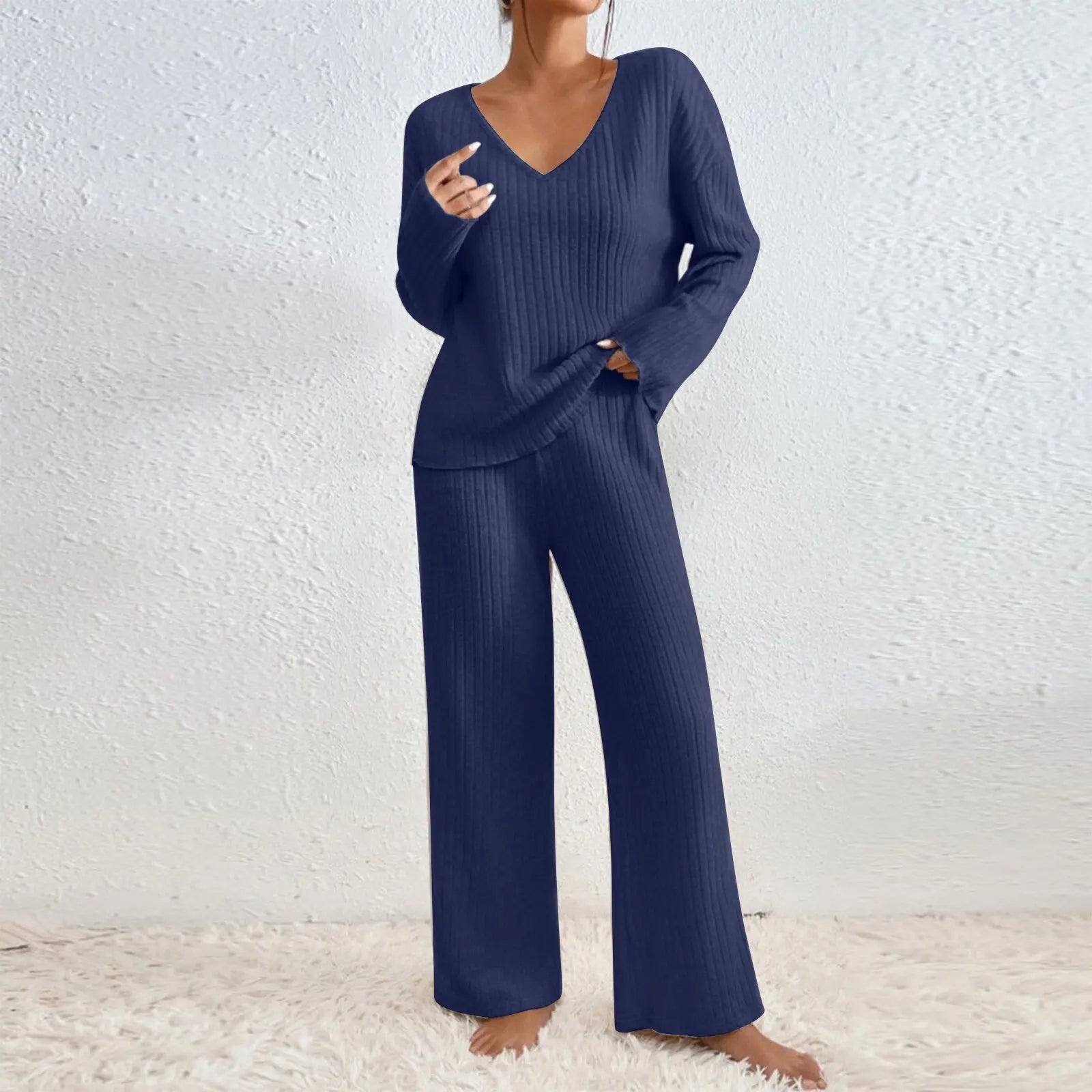 Vivienne two-piece knit lounge set in navy blue: V-neck long-sleeve top and wide-leg trousers