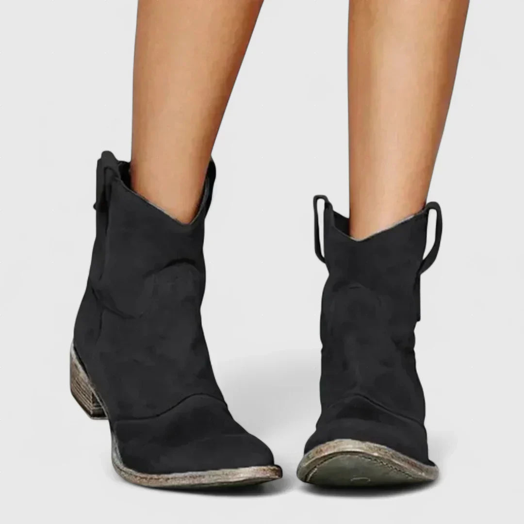 Libertate retro cowboy ankle boots, black suede-look, side pull tabs, block heel