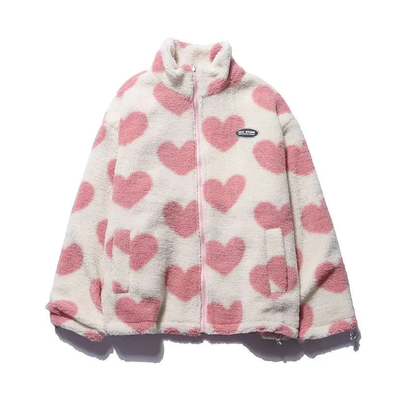 White heart-pattern fleece lining for reversible winter jacket with front zip