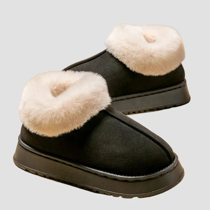 Georgia home slippers in black suede with cream faux-fur cuff and slip-on design