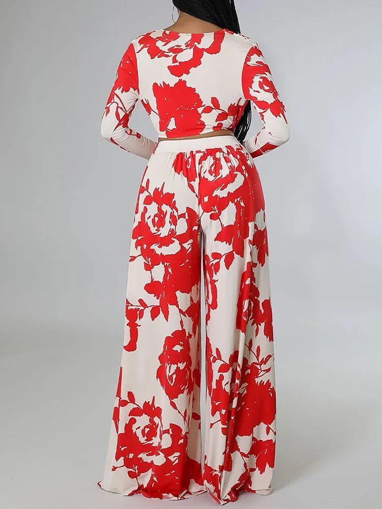 Red & white floral long-sleeve top with flowing wide-leg pants