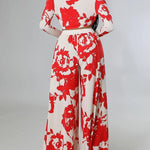 Red & white floral long-sleeve top with flowing wide-leg pants