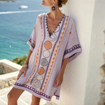 Lavender beach tunic with V-neck, colorful circular border print and embroidered trim