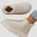 Beige winter boots with elastic side gore, faux-fur cuff, visible tread sole