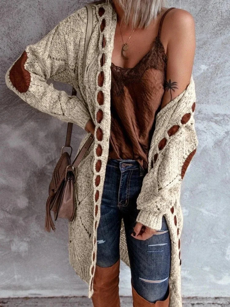 Relaxed knit cardigan with hood, open front, long sleeves, cream knit with brown accents