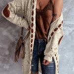 Relaxed knit cardigan with hood, open front, long sleeves, cream knit with brown accents