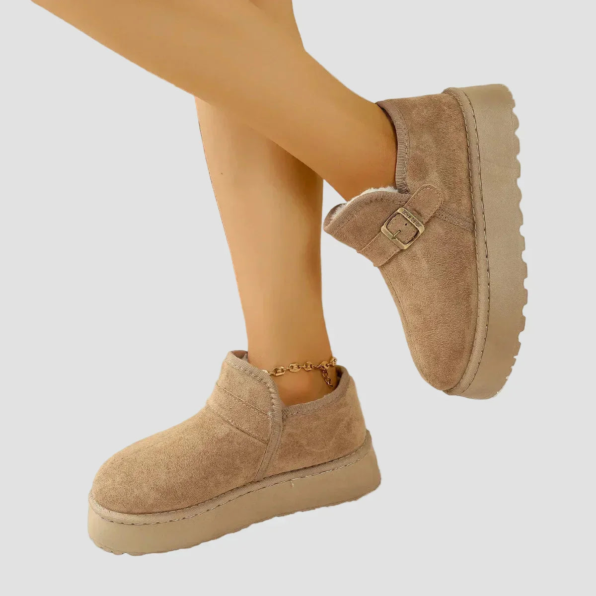 Nicoleta suede-look warm ankle boots with faux fur lining, side buckle strap, khaki