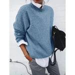 Blue crewneck pullover sweater with long sleeves, loose fit