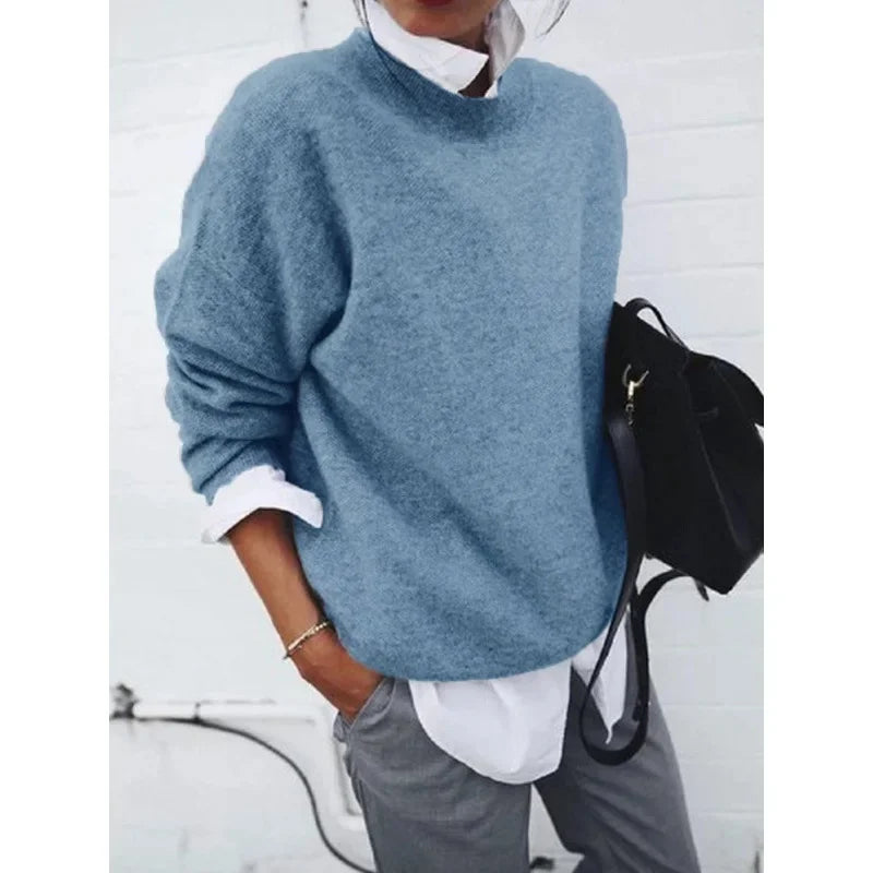 Blue crewneck pullover sweater with long sleeves, loose fit