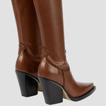 Brown knee-high heeled boots with decorative seam at vamp and thick block heel