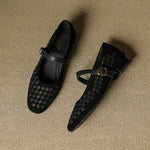 Black woven leather Mary Jane sandals with ankle strap and gold-tone buckle