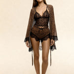 3-piece pajama set with leopard print shorts and black lace trim; sheer kimono