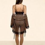 3-piece pajama set: back lace bralette, leopard print shorts, sheer tie kimono
