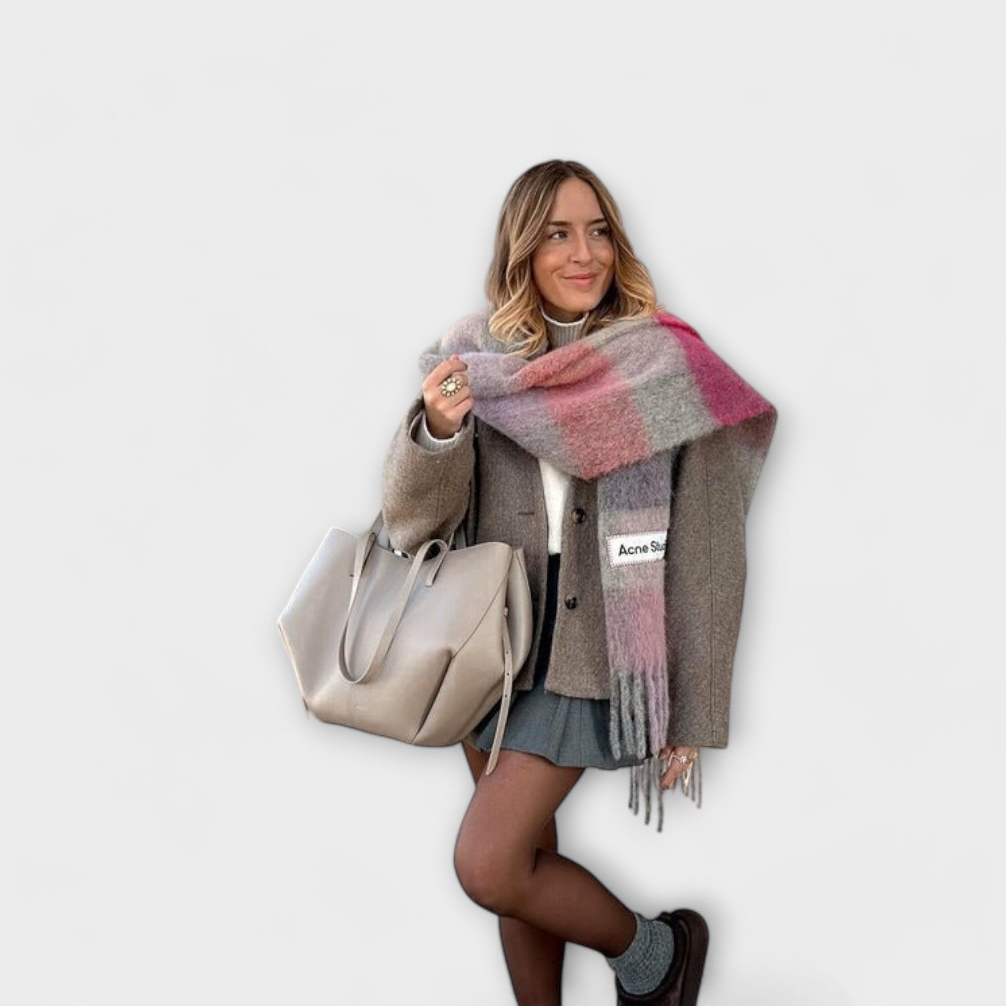 Taupe leather-look hobo tote bag with two top handles and open bucket shape