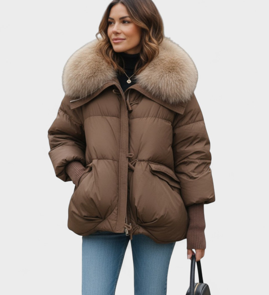 Brown puffer jacket with faux fur collar, zip front, ribbed cuffs.