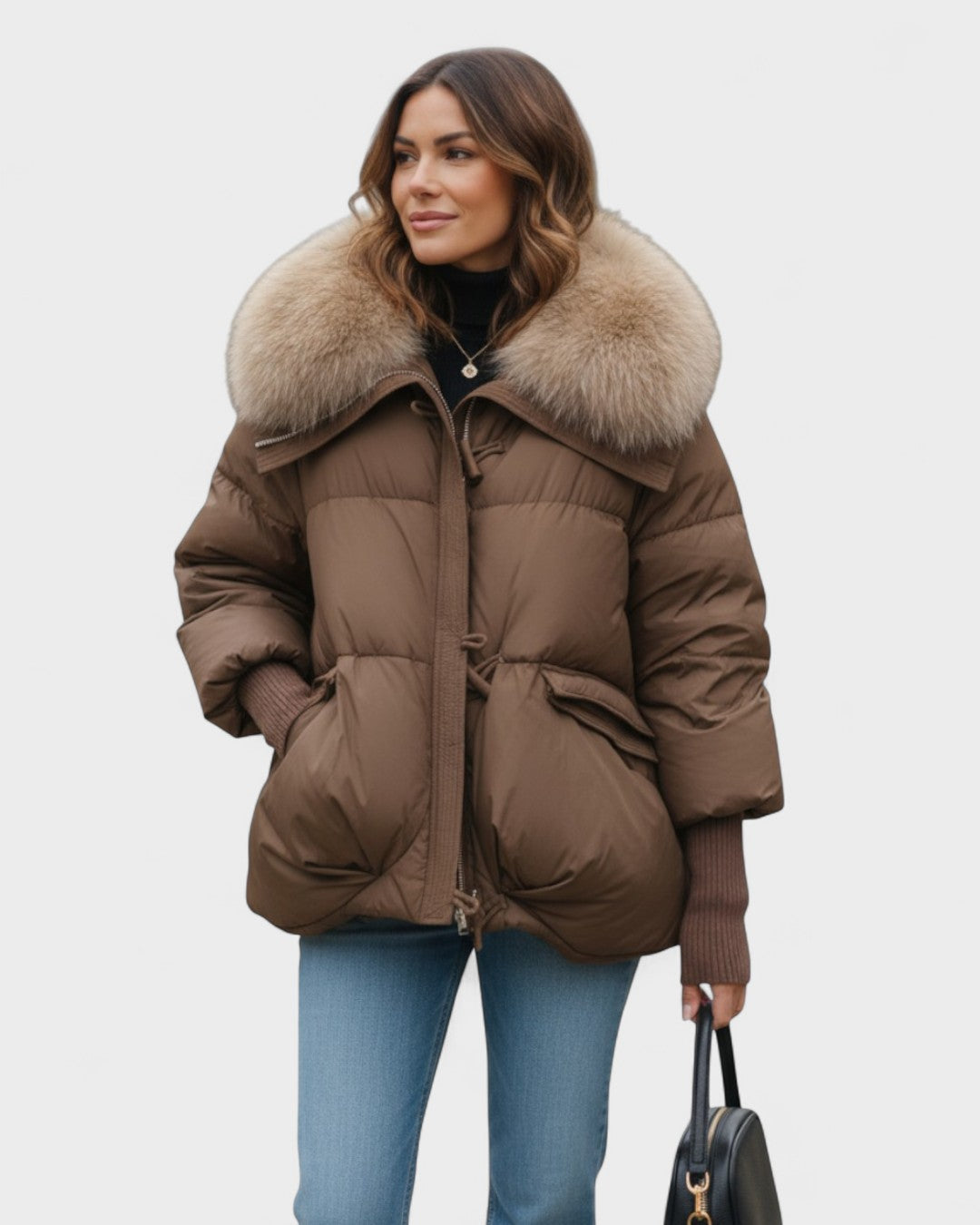 Brown puffer jacket with faux fur collar, zip front, ribbed cuffs.