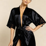 Black satin nightshirt robe with lace-trim short sleeves and tie waist