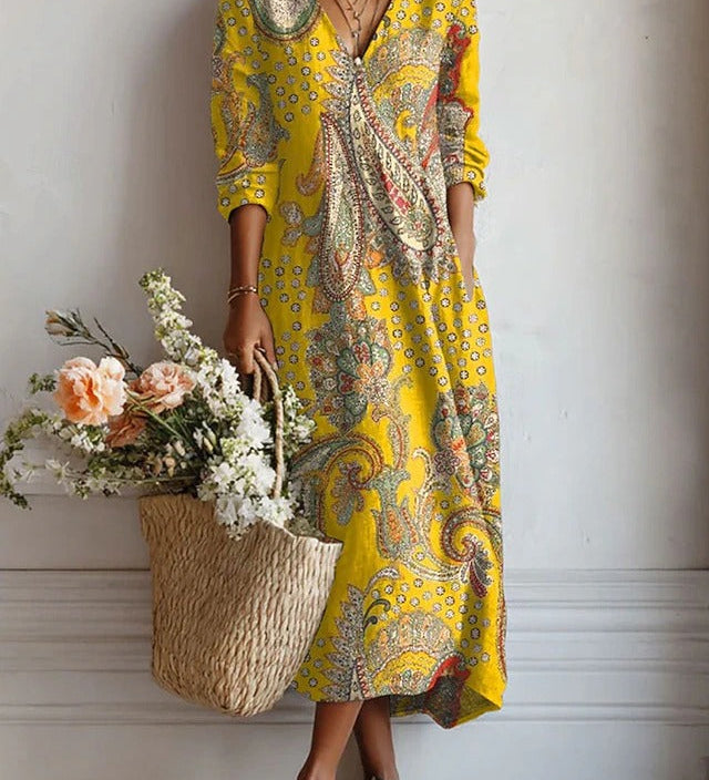 Eva everyday comfort dress, yellow paisley print, V-neck, elbow sleeves, midi length
