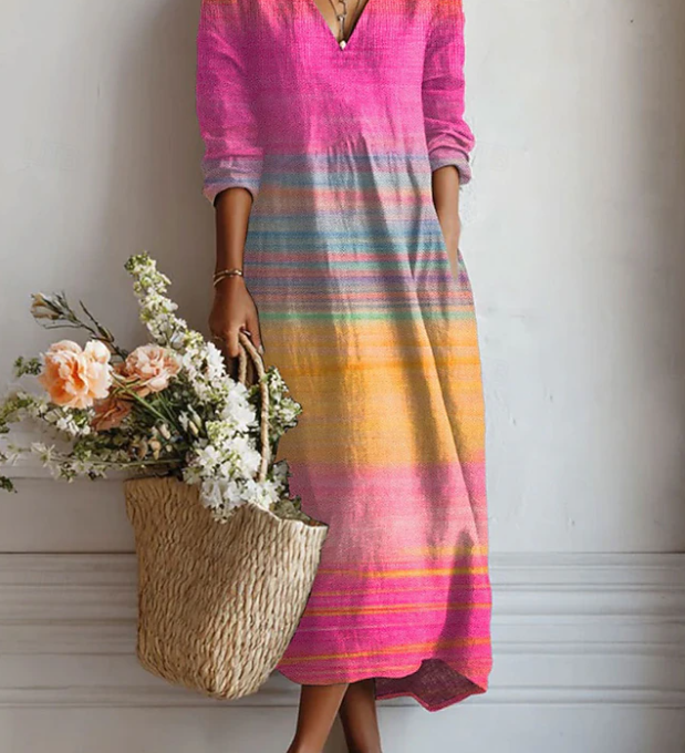 Marit striped midi comfort dress with V-neck and 3/4 sleeves, multicolor