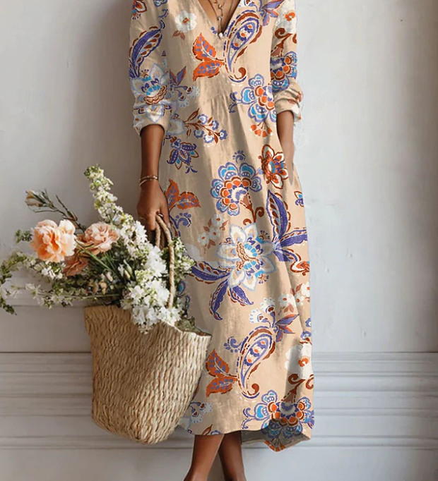 Reven daily comfort dress, beige long-sleeve midi with V-neck and colorful paisley print