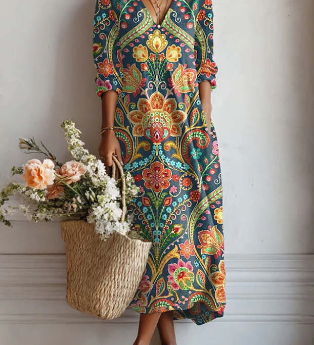 Paisley print comfort dress, teal with colorful long sleeves and V-neck, midi length