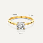 Gold solitaire ring with round gemstone, 6.0 mm head; band 1.2–1.8 mm