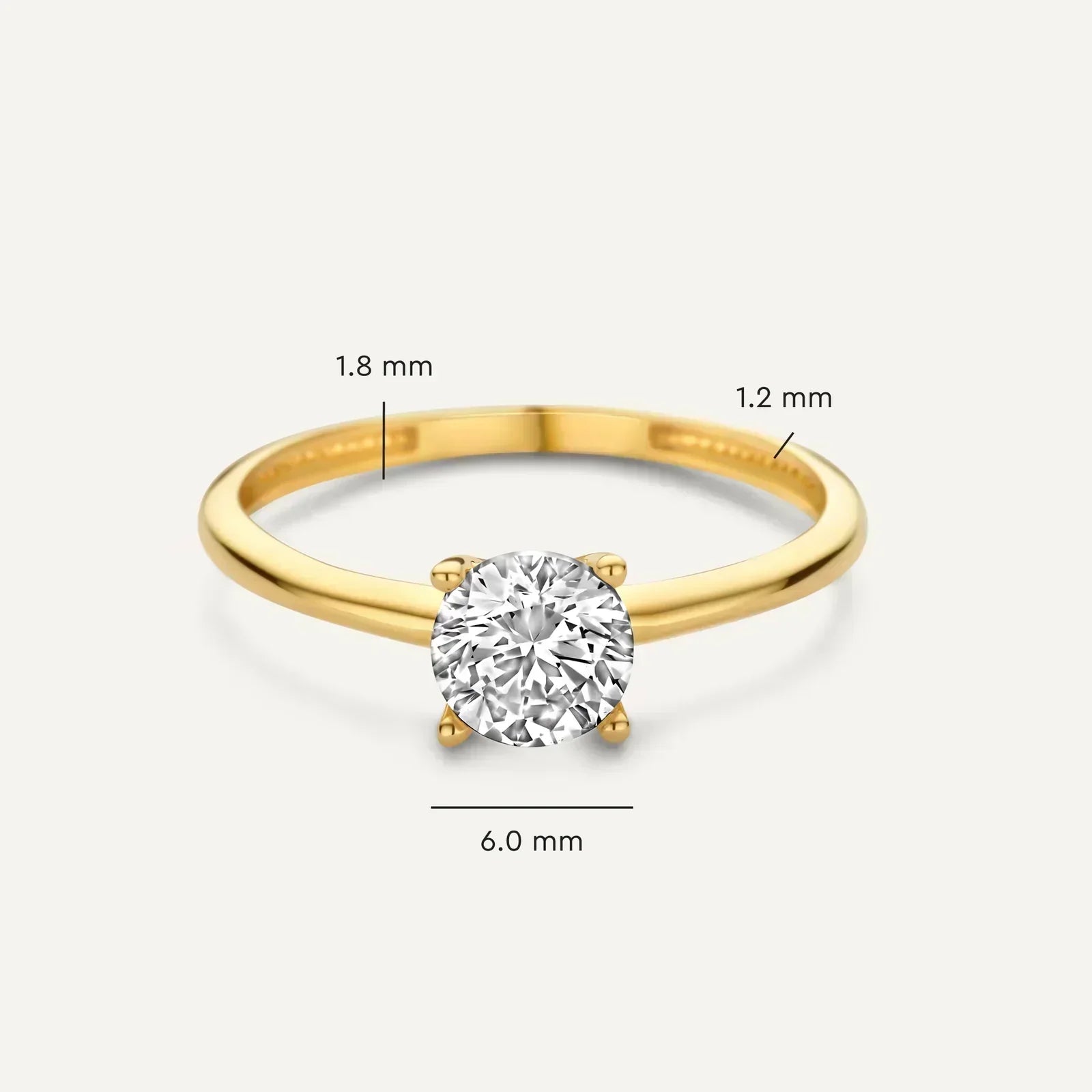 Gold solitaire ring with round gemstone, 6.0 mm head; band 1.2–1.8 mm